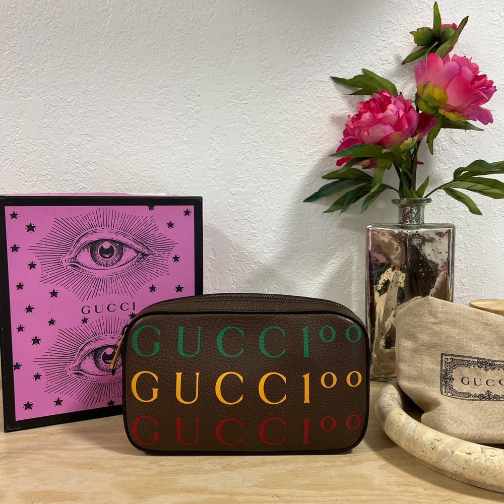 Gucci 100 Brown Leather Belt Bag with Multicolor Centennial Logo